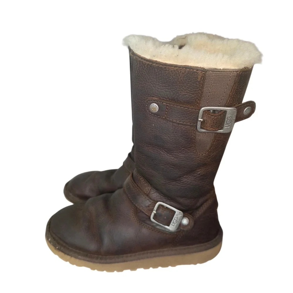 UGG Kensington Girls 1 Brown Leather Sheepskin Sherpa Shearling Lined Snow Boots